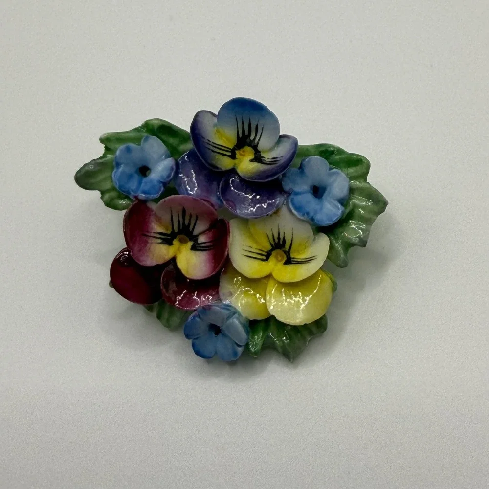 CEJ Handmade Hand Painted Porcelain Pansy Forget Me Not Floral Brooch Pin
